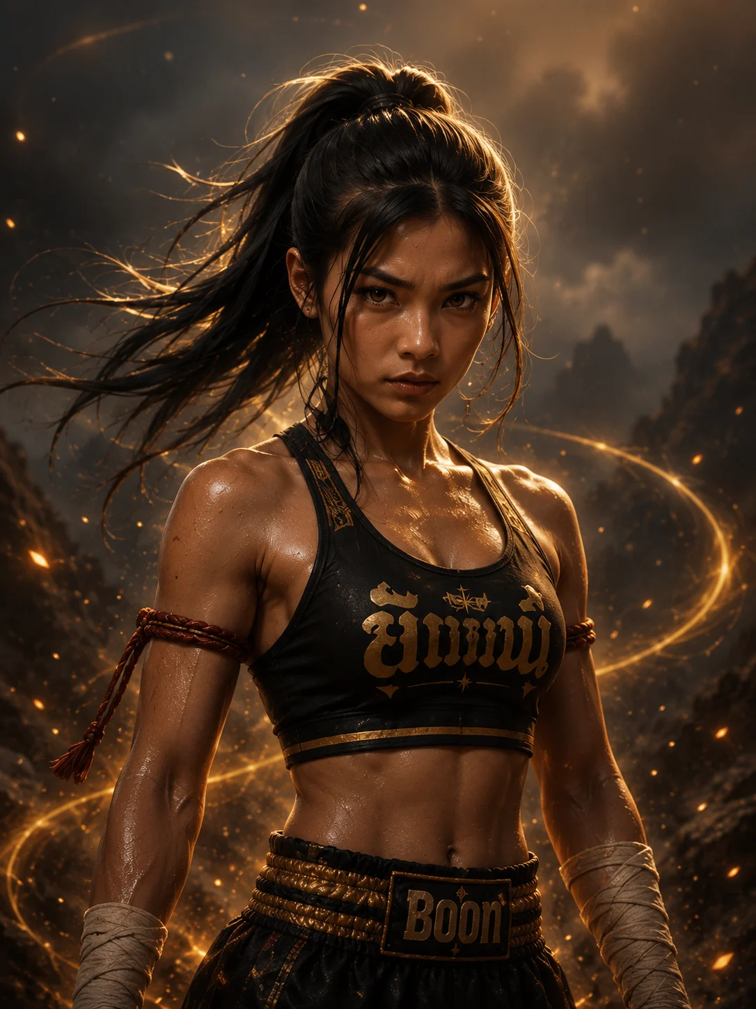 Mali, the Thunder fighter, poised in a compact Muay Thai guard