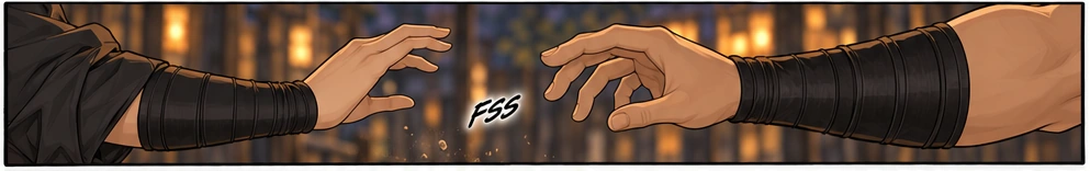 Close view of Teren’s fingers closing on empty air beside Mali’s withdrawn forearm. There is a visible gap; he catches neither her arm nor her clothing.