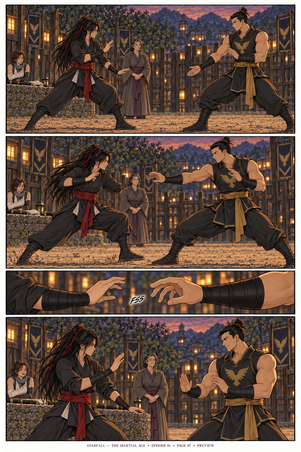 Four-panel Page 07. Teren invites an entry, Mali checks her advance, and his fingers close on empty air. Silent action apart from one sound effect; a visual transcript follows below.