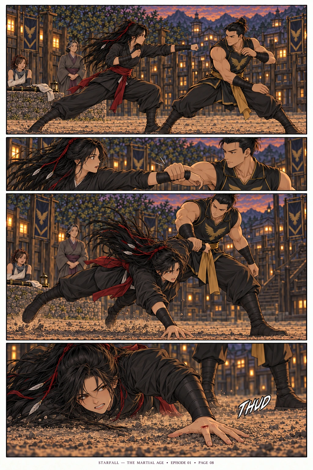 Page 08 — The ground comes up. 4 sequential manga panels; dialogue and visual transcript follow below.