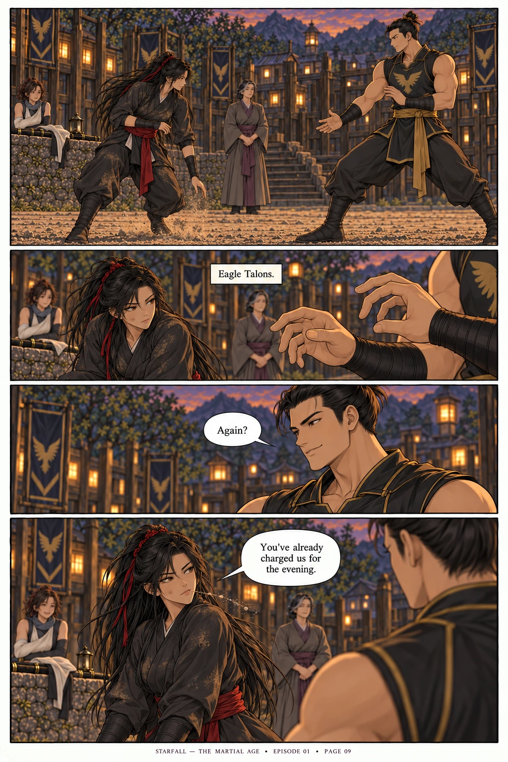 Page 09 — Again?. 4 sequential manga panels; dialogue and visual transcript follow below.