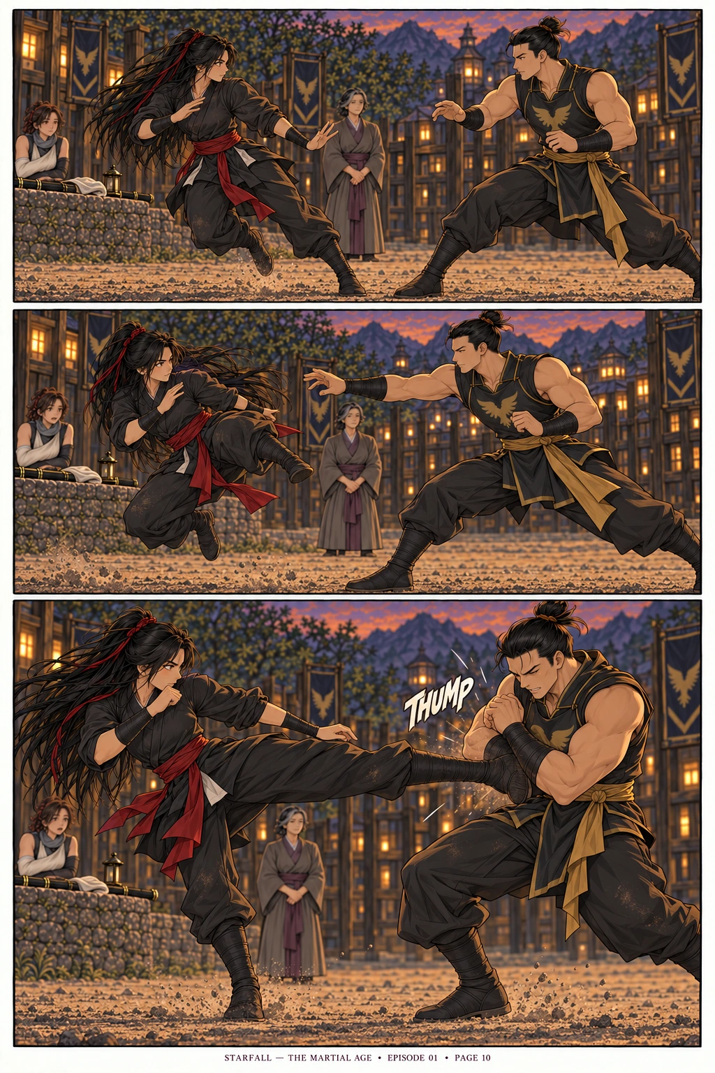Page 10 — Make him move. 3 sequential manga panels; dialogue and visual transcript follow below.