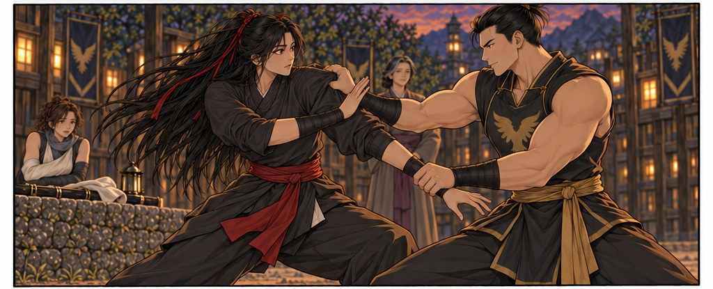 Mali checks one hand while Teren’s other grip controls her arm. The captured cloth limits her movement.