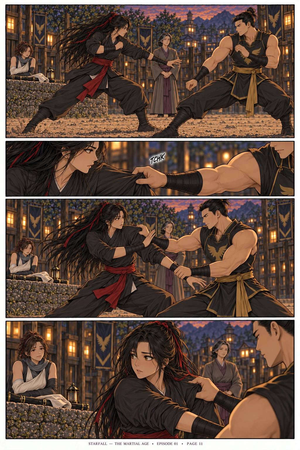 Page 11 — What she gave him. 4 sequential manga panels; dialogue and visual transcript follow below.