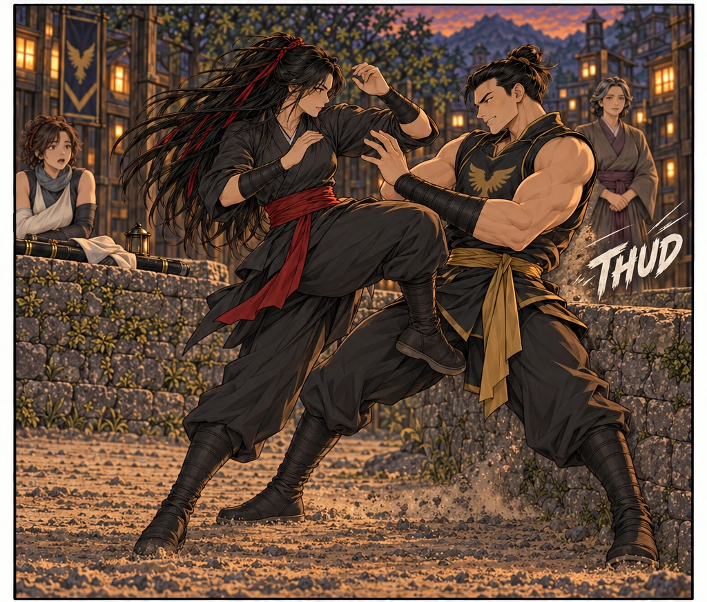 Mali turns with the release and brings a short knee strike into Teren’s guard. He is driven back against the low wall.