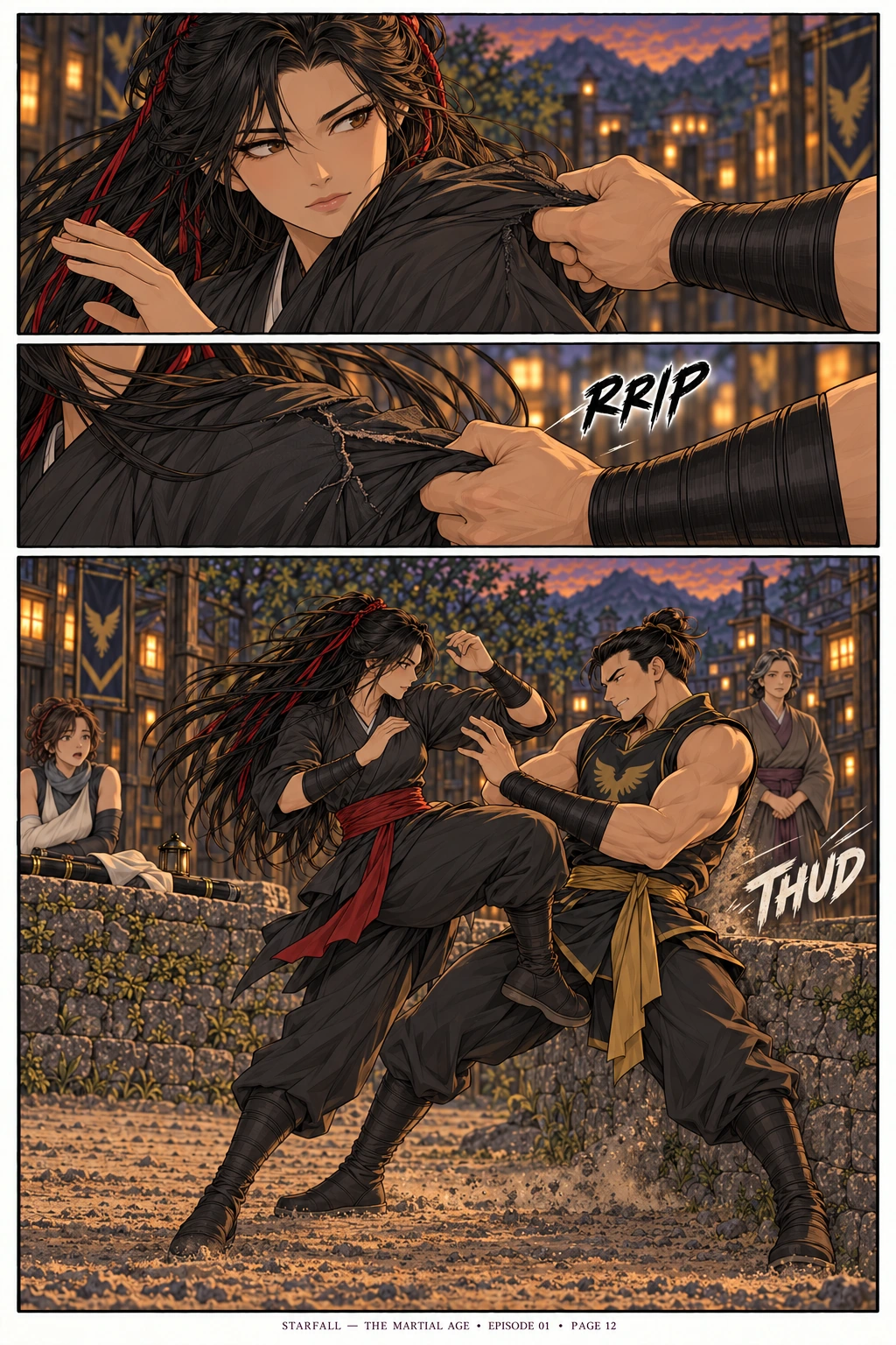 Page 12 — Let it tear. 3 sequential manga panels; dialogue and visual transcript follow below.