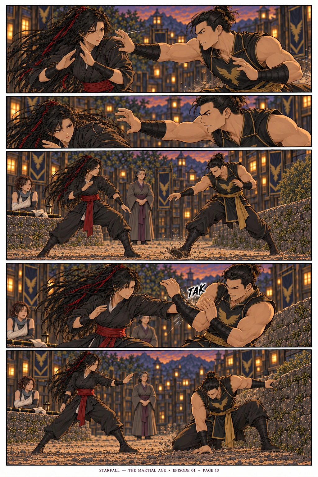 Page 13 — The last exchange. 5 sequential manga panels; dialogue and visual transcript follow below.