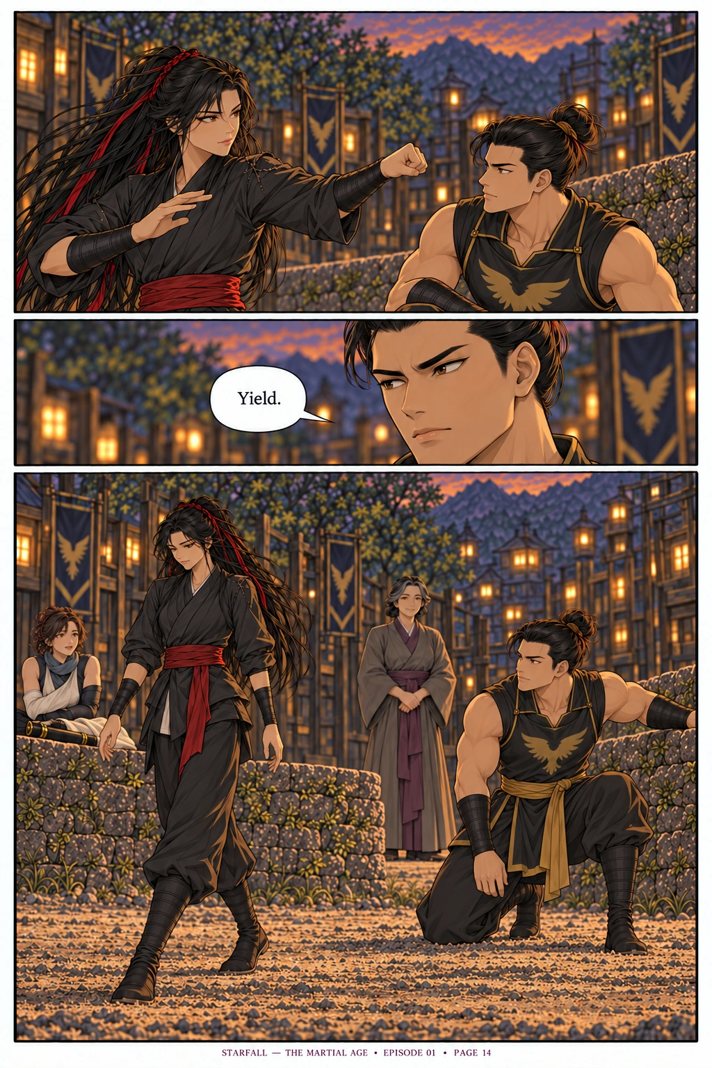 Page 14 — Yield. 3 sequential manga panels; dialogue and visual transcript follow below.