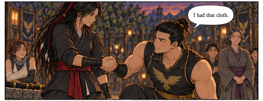 He takes her hand and begins to rise. His attention returns to the torn shoulder cloth.