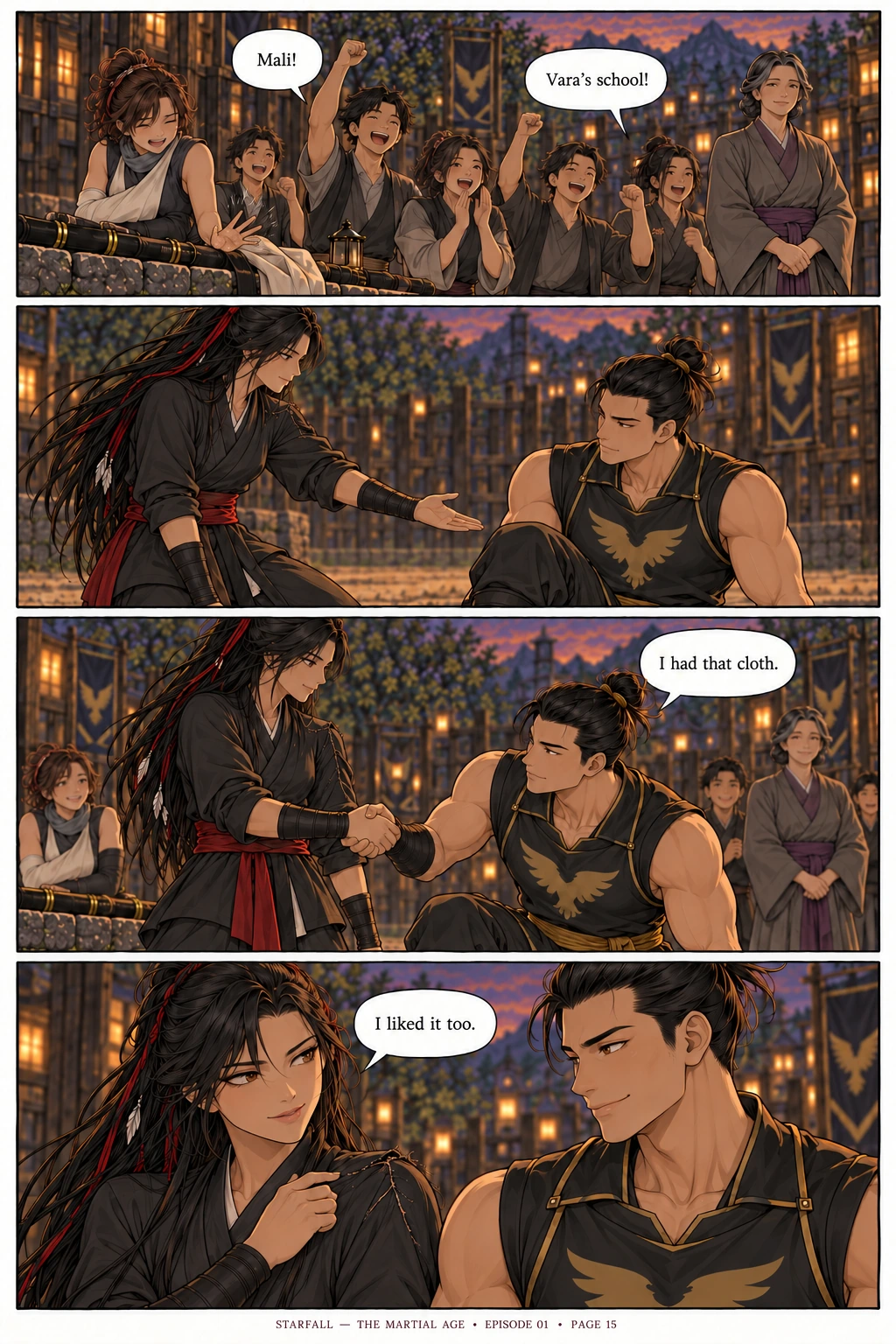 Page 15 — A little warmth. 4 sequential manga panels; dialogue and visual transcript follow below.