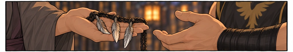 Three silver feathers rest in her palm as she offers the cord back to Teren.