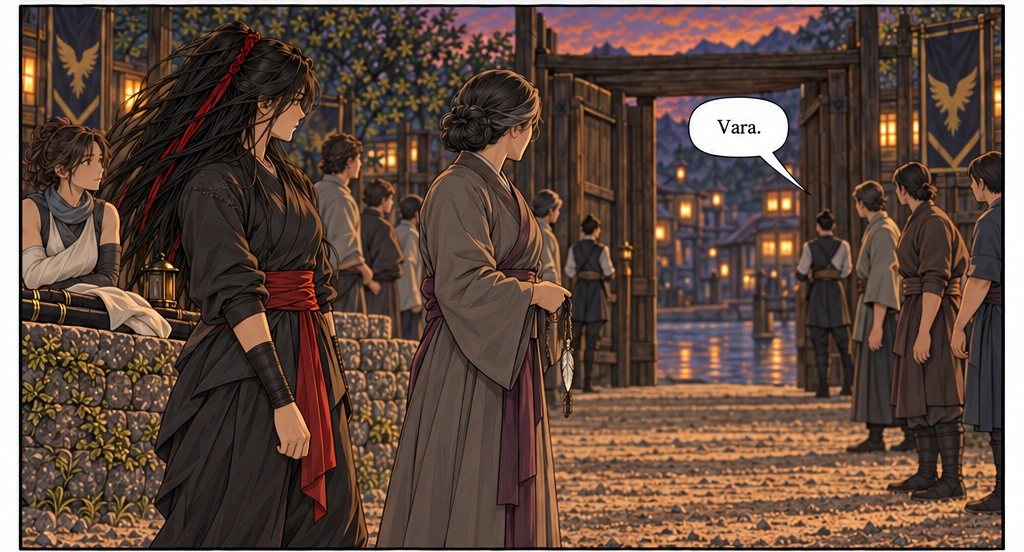 A voice calls from the gate. Vara turns as the crowd parts, still holding the feathered cord.