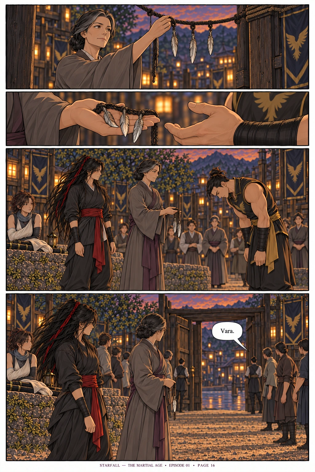 Page 16 — Returned feathers. 4 sequential manga panels; dialogue and visual transcript follow below.