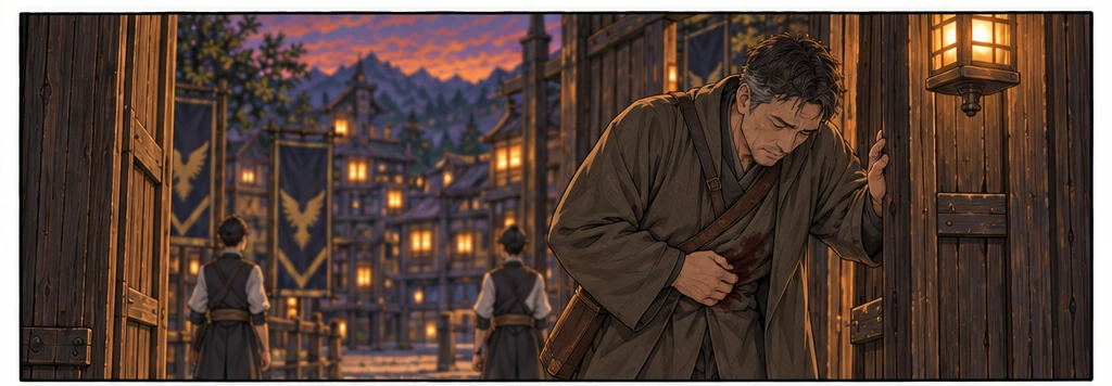 A weary traveller reaches the gate, holding his coat closed and bracing himself against the timber.