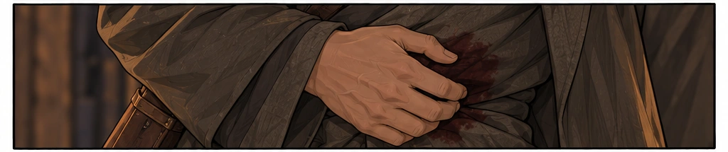 His hand shifts over a dark bloodstain on the cloth. The wound itself is not exposed.