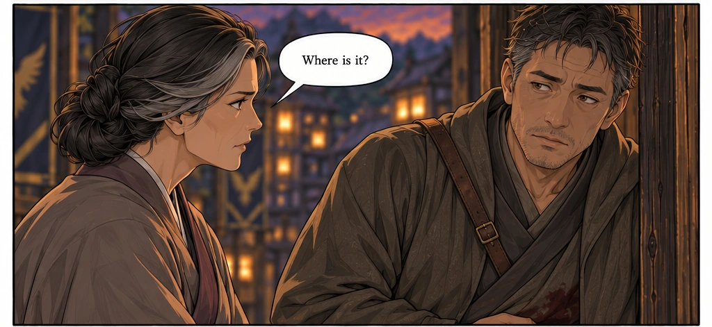 Vara questions the traveller. His troubled gaze moves past her toward the yard.