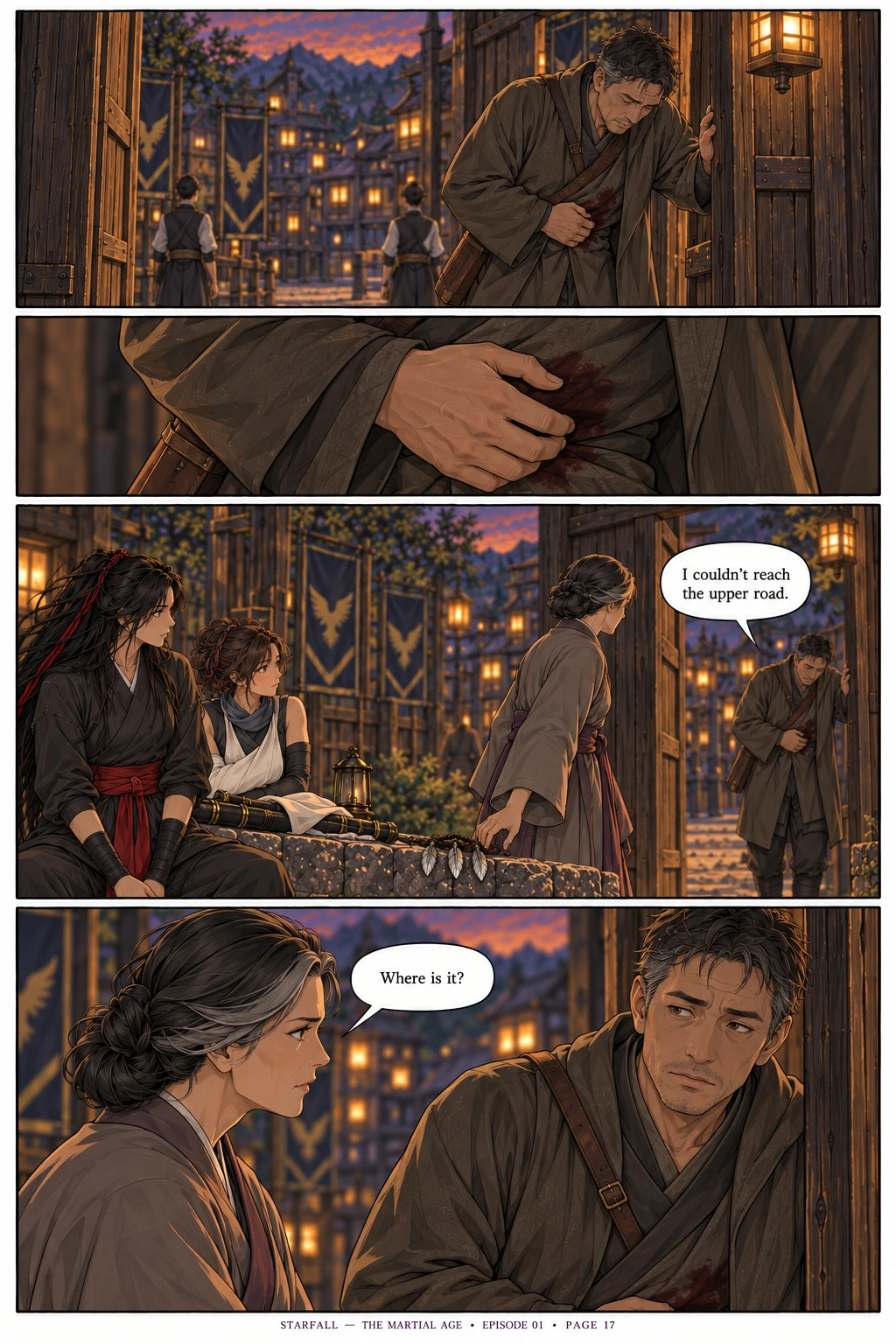 Page 17 — The lower road. 4 sequential manga panels; dialogue and visual transcript follow below.
