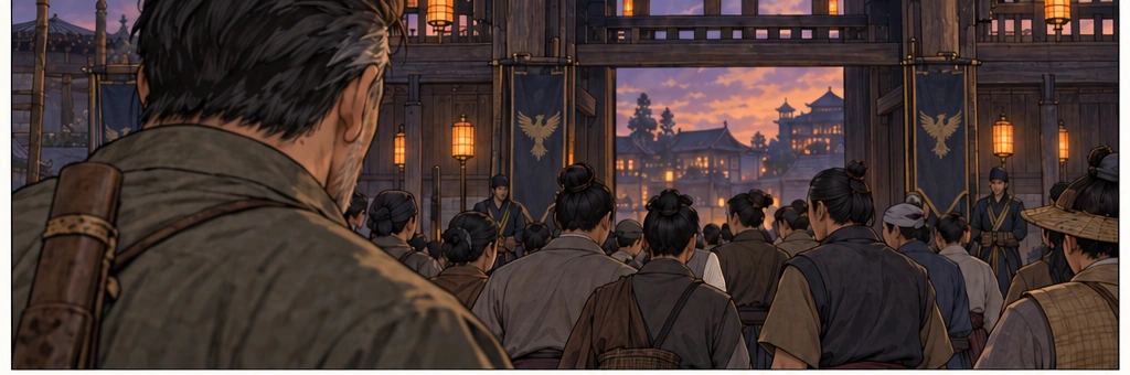 Over the courier’s shoulder, tightly packed spectators obscure the gate. Faces and clothing overlap; whoever is moving among them remains hidden.
