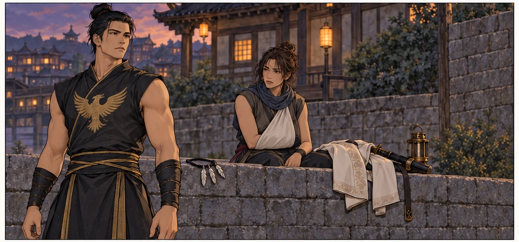 Teren stands beside the wall, recovering his breath. Neri stays near the sheathed sabre and folded jacket; the feathered cord lies nearby.