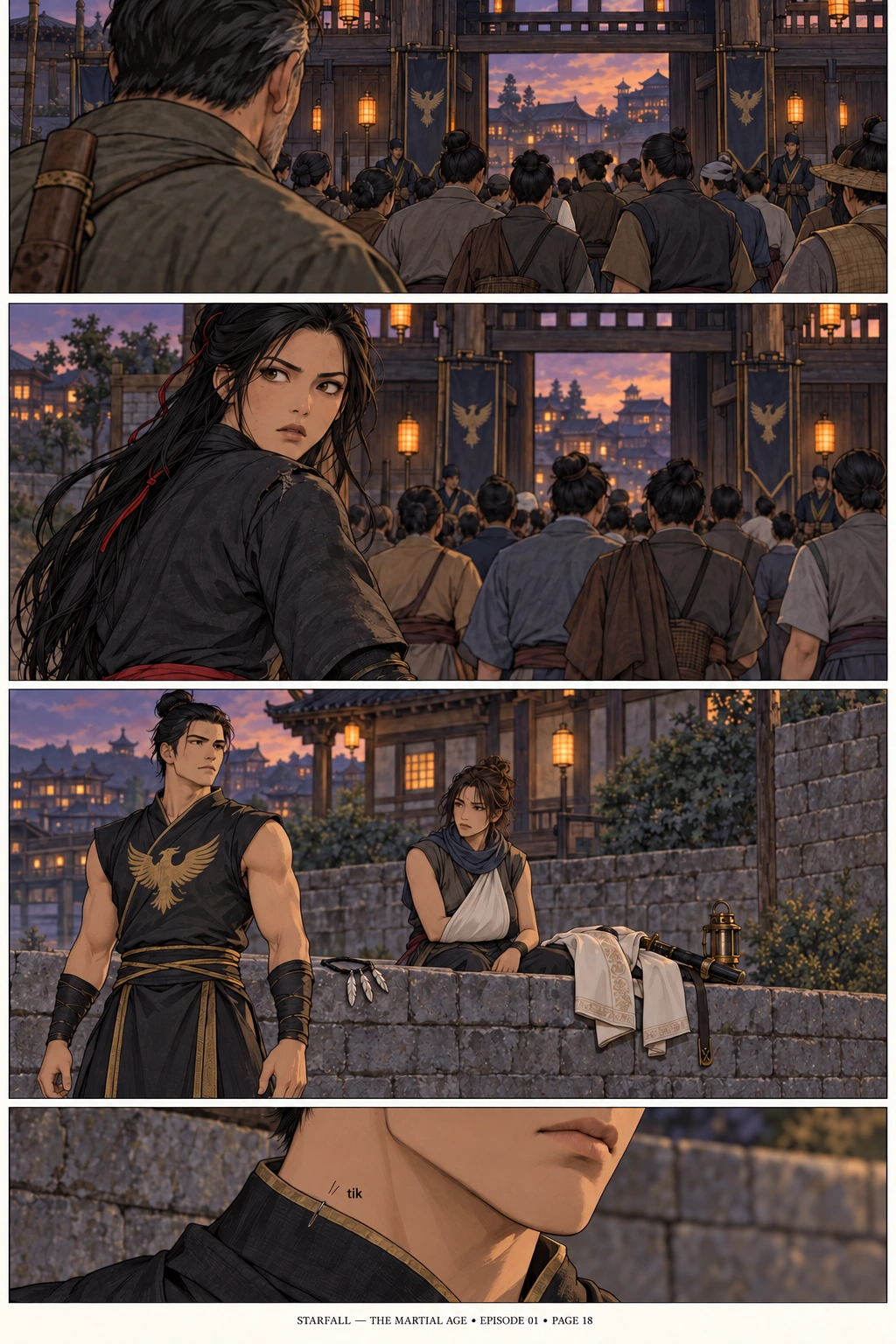 Page 18 — The wrong thing to watch. 4 sequential manga panels; dialogue and visual transcript follow below.