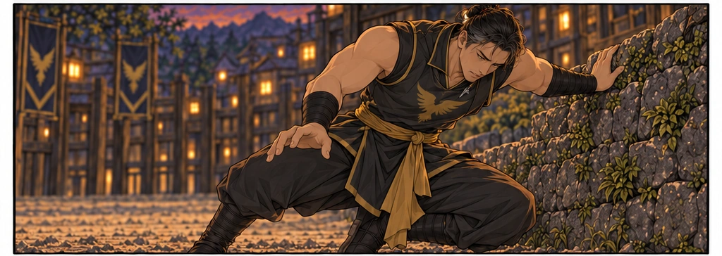 His knees begin to fail. He braces toward the wall as his balance goes.