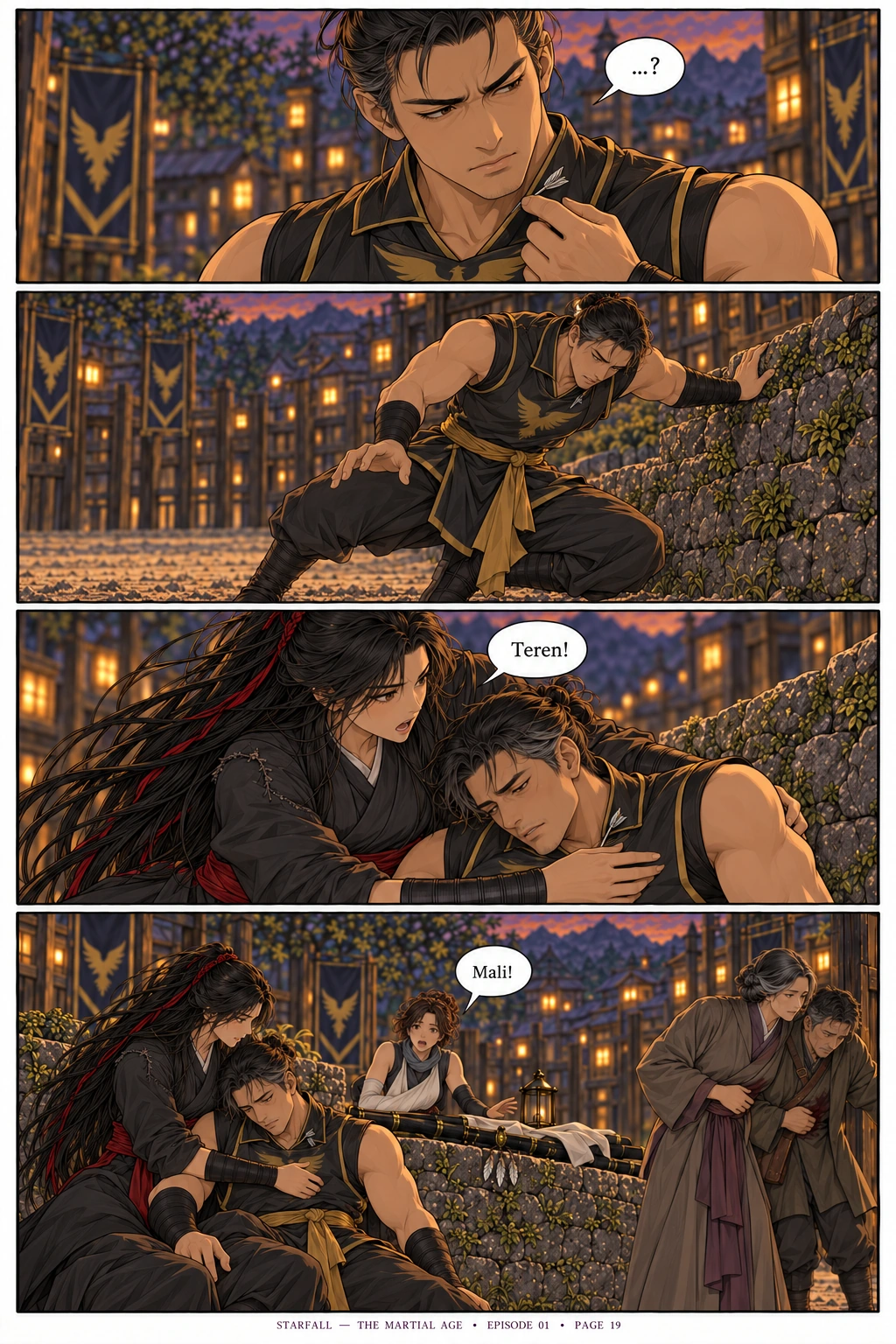 Page 19 — Not another attack she can answer. 4 sequential manga panels; dialogue and visual transcript follow below.