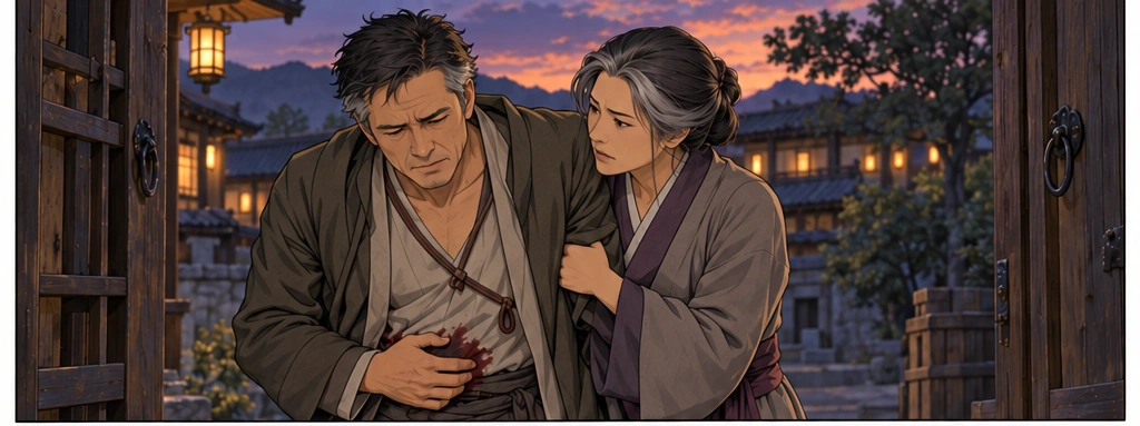 The courier’s coat falls open while Vara supports him. An empty carrying cord hangs against his chest.