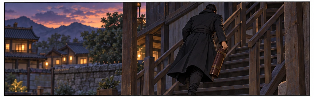 A dark-coated figure climbs the rear stair with a narrow leather teaching case. The face is concealed.