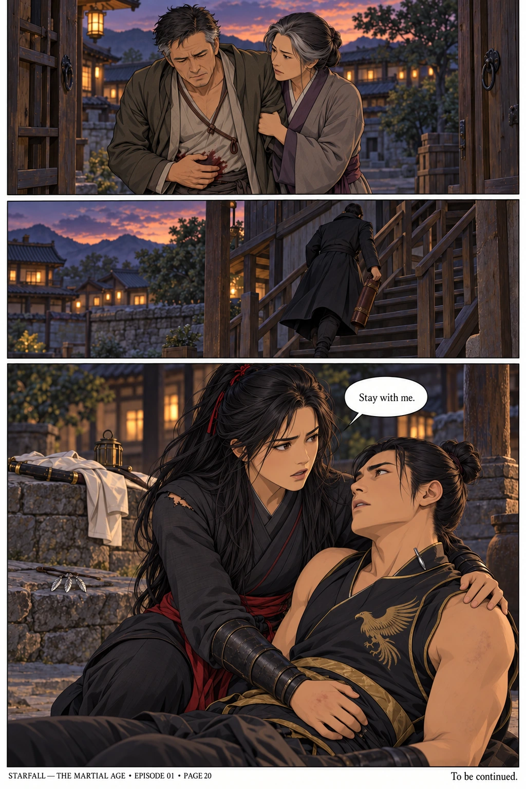 Page 20 — A victory stolen. 3 sequential manga panels; dialogue and visual transcript follow below.