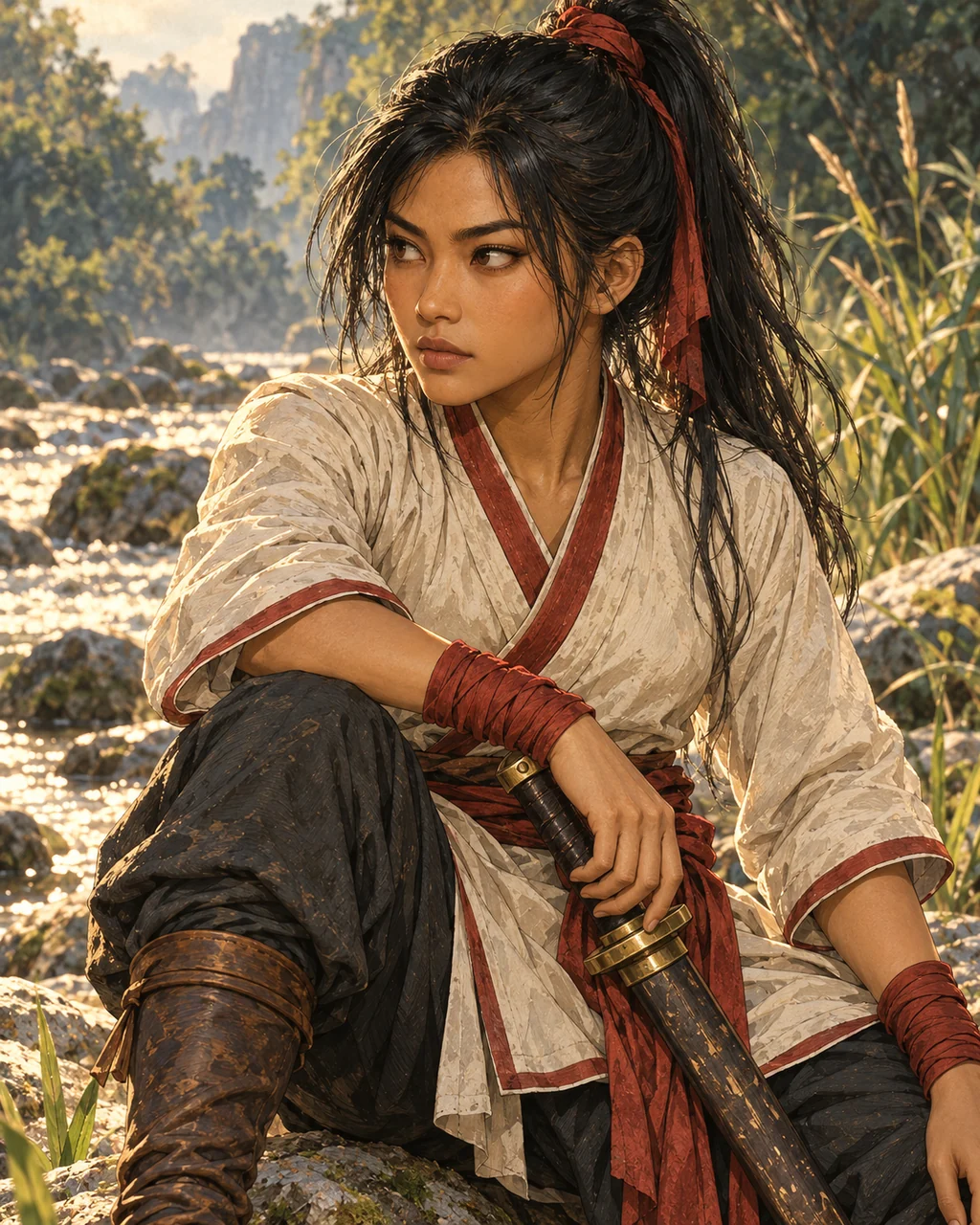 Mali portrait at river edge, alert face in three-quarter close view, one hand gently resting on worn scabbard, warm sidelight, reeds softly blurred behind.