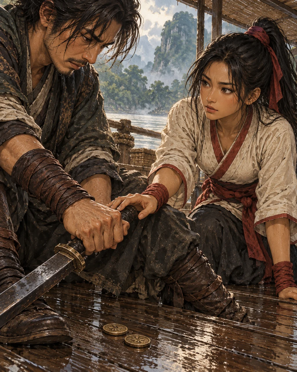 Close-up of an adult man’s clenched hand trapped around a plain sword hilt over wet ferry boards, his wife’s hand reaching carefully toward it, two brass tokens fallen near his boots.