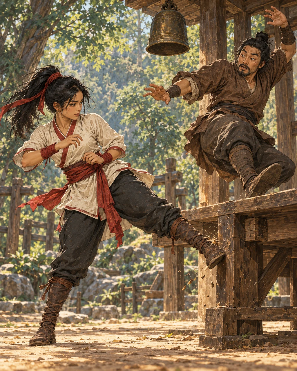 Mali delivers a low awkward kick to a wooden training platform’s leg while a surprised instructor in simple brown practice clothes loses balance; bronze bell without clapper above.
