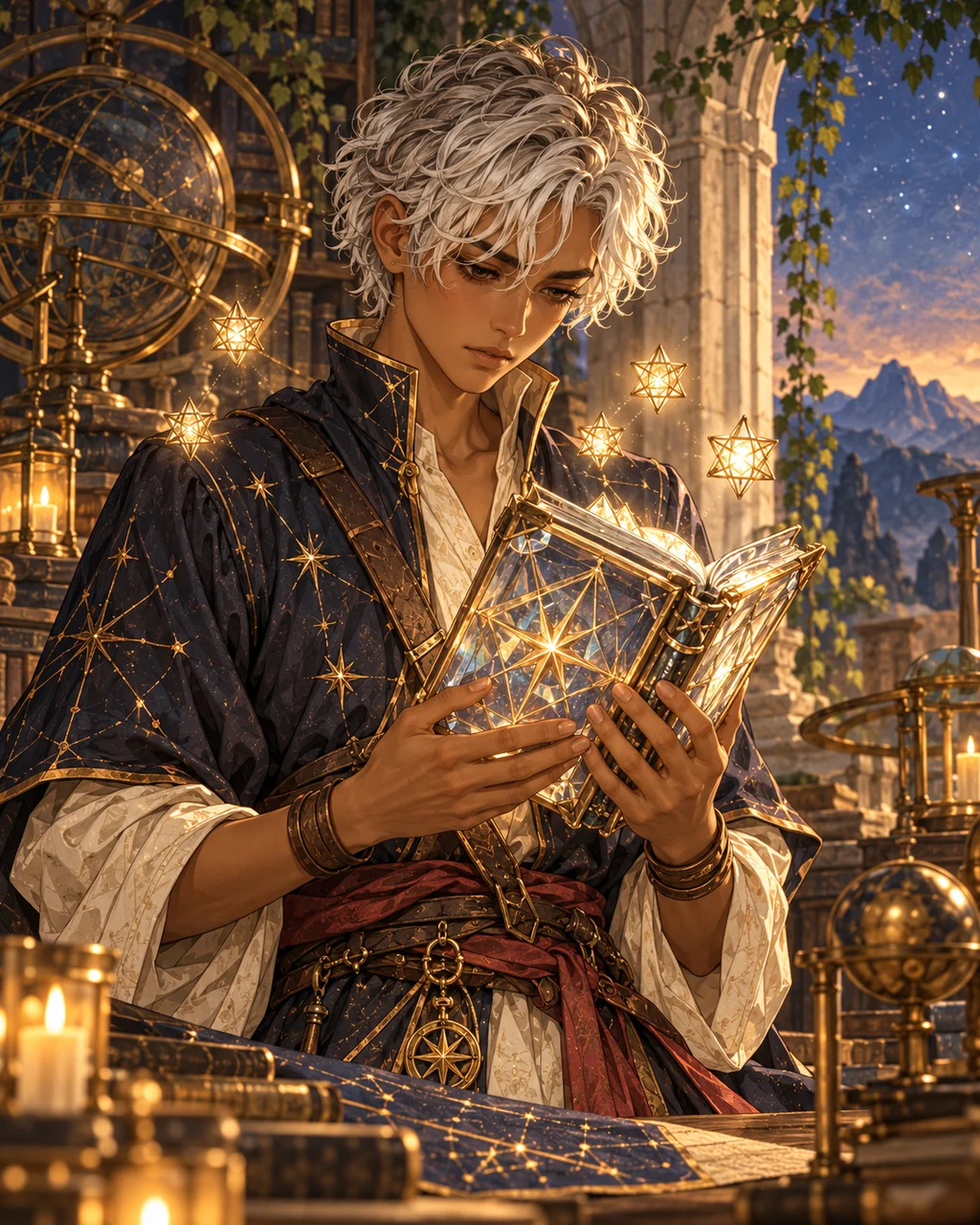 Sel alone in observatory, face close and thoughtful, luminous crystalline Codex held at chest level, five geometric tiny Starborne lights around shoulders, navy and bronze clothing, remorse and intelligence.