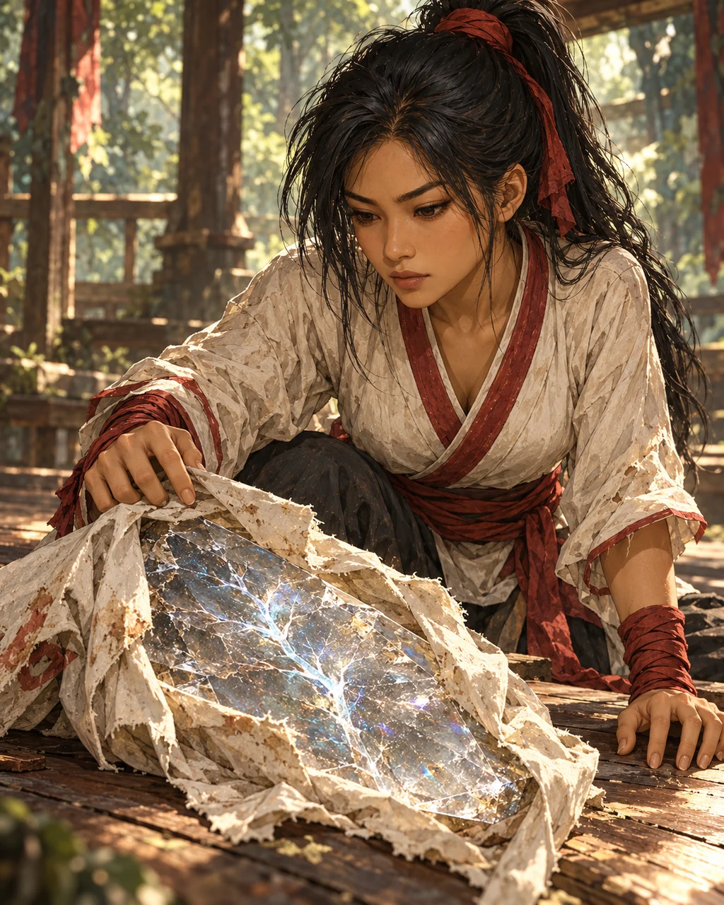 A single translucent crystalline sheet wrapped partly in a torn ivory shirt on a wooden platform floor.