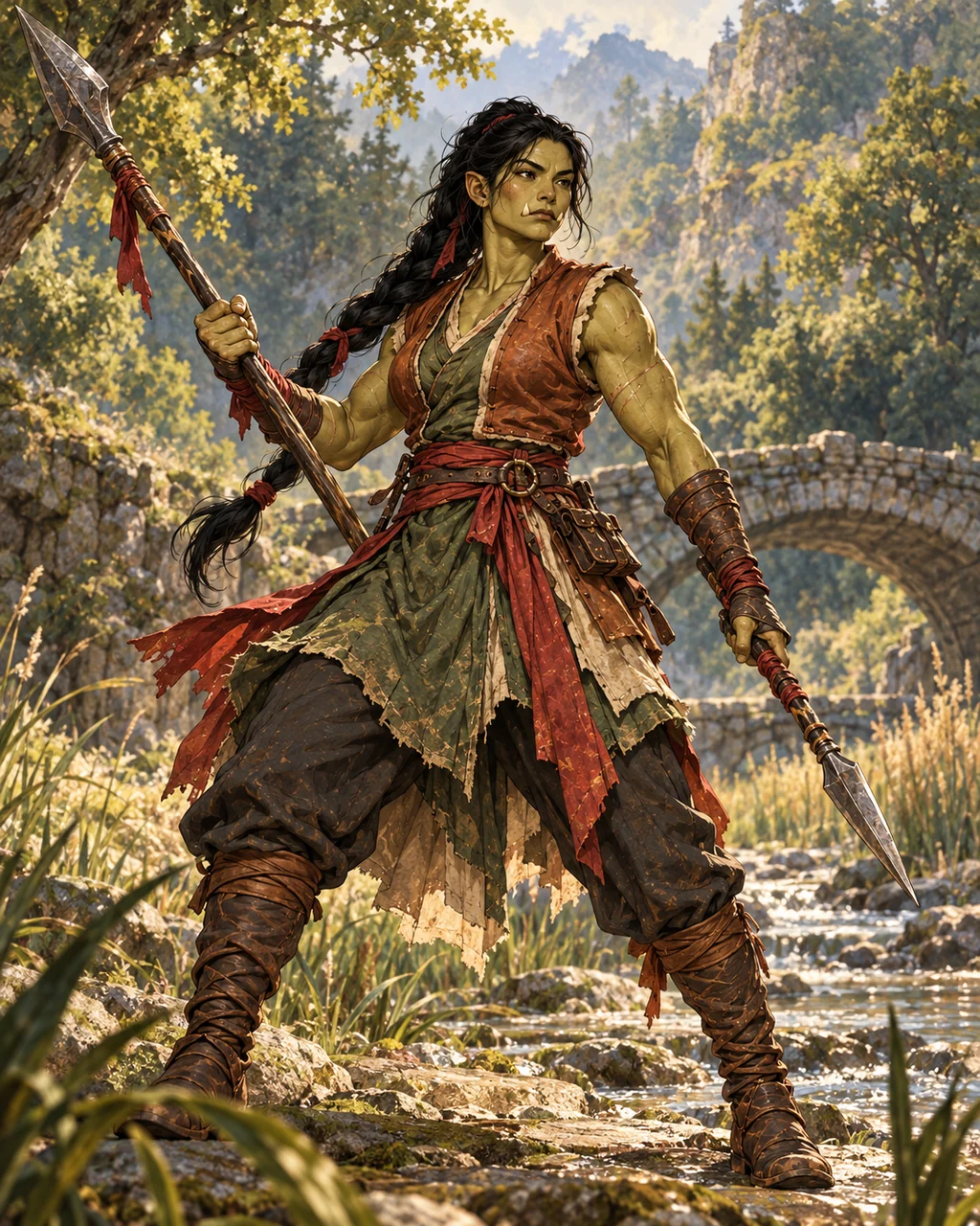 Hesh full dynamic three-quarter portrait holding long spear half diagonally and short spear half lowered, olive skin and single black braid, low stone bridge and reeds behind, protective adult Orc woman.
