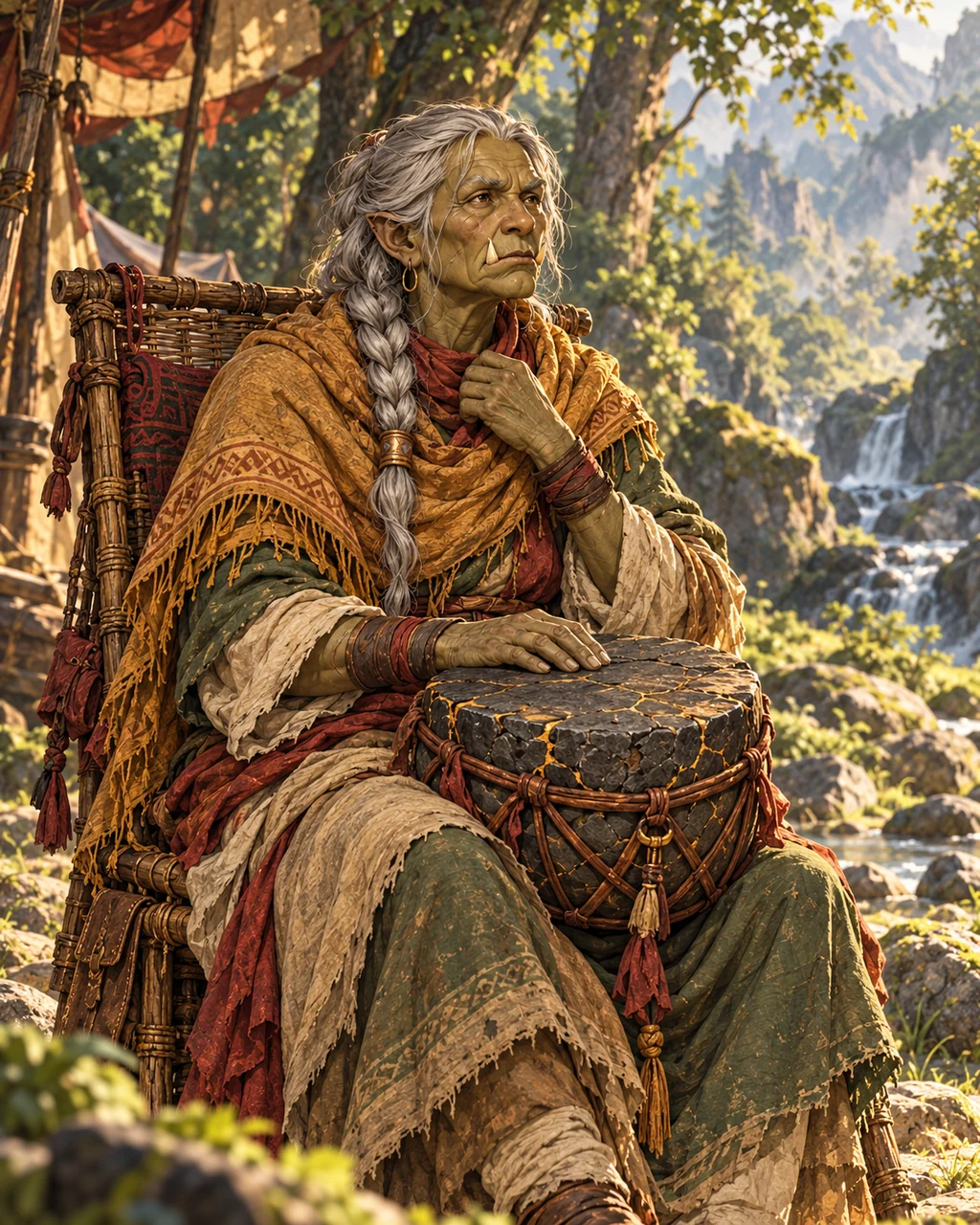 Gorrath quietly seated in wicker travel chair, silver braids and ochre shawl, one hand resting on a cracked stone drum bound in leather, damp cloth at throat, wise tired eyes, no singing.