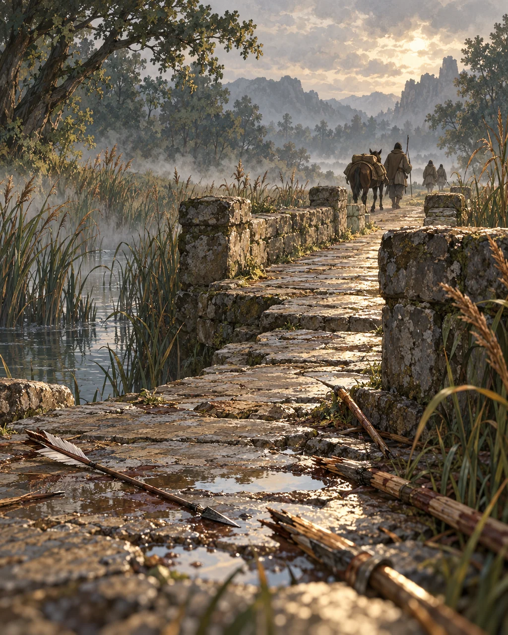 Reed Cut bridge as environmental scene with no close people: low old stone parapets over reed-lined water, dropped arrow and spear splinters foreground, mule and small distant traveller silhouettes on far side, early grey light.