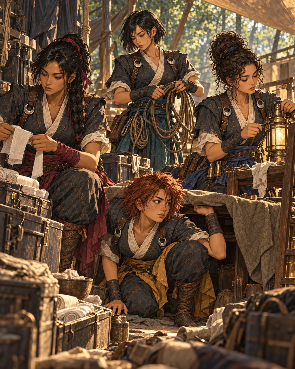 Exactly four VESPER women together backstage preparing a rescue rather than posing as idols, Sori sorts bandages, Rin coils cable, Mae rises from under table, Sena repairs lantern on a chair.