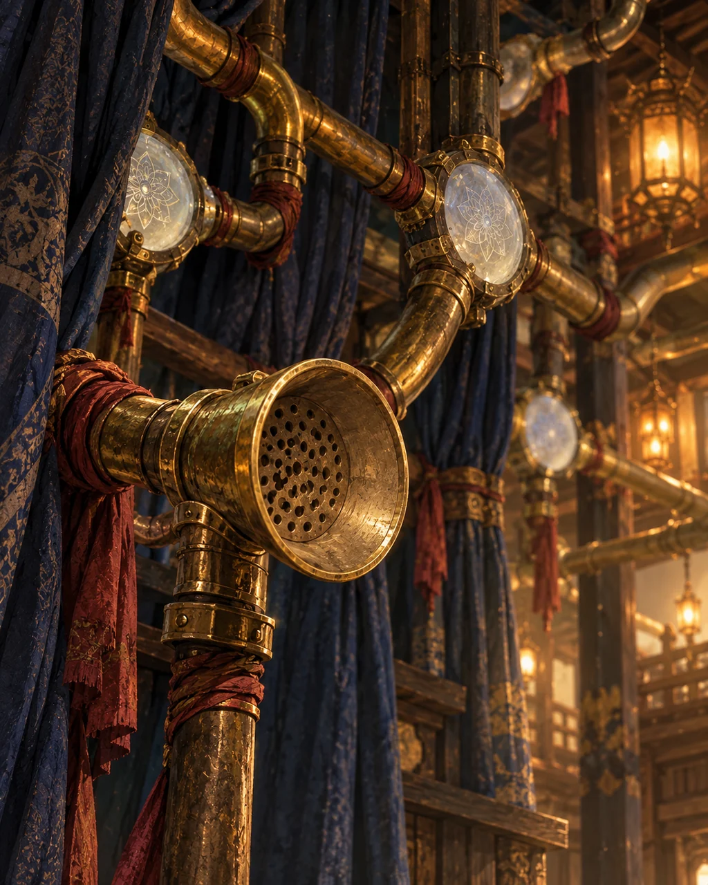 Macro environmental artwork of warm aged brass speaking tubes branching behind a heavy indigo stage curtain, each junction fitted with a cold translucent wafer.