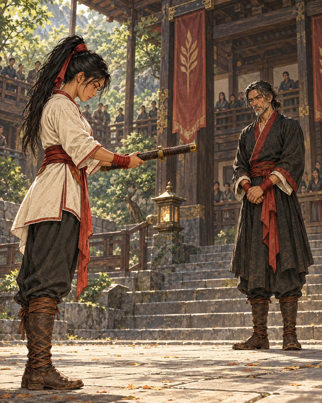 Mali stands at entrance to an Assembly demonstration court with sheathed sword respectfully presented in both hands; Deren waits far beyond on slate paving, high wooden balconies.