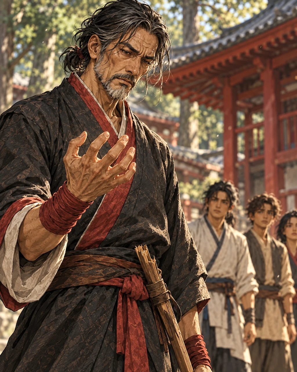 Deren close portrait in charcoal robe, watching his own trembling raised right hand with restrained fear and pride, broken wooden practice sword at belt, red eaves and students blurred behind.
