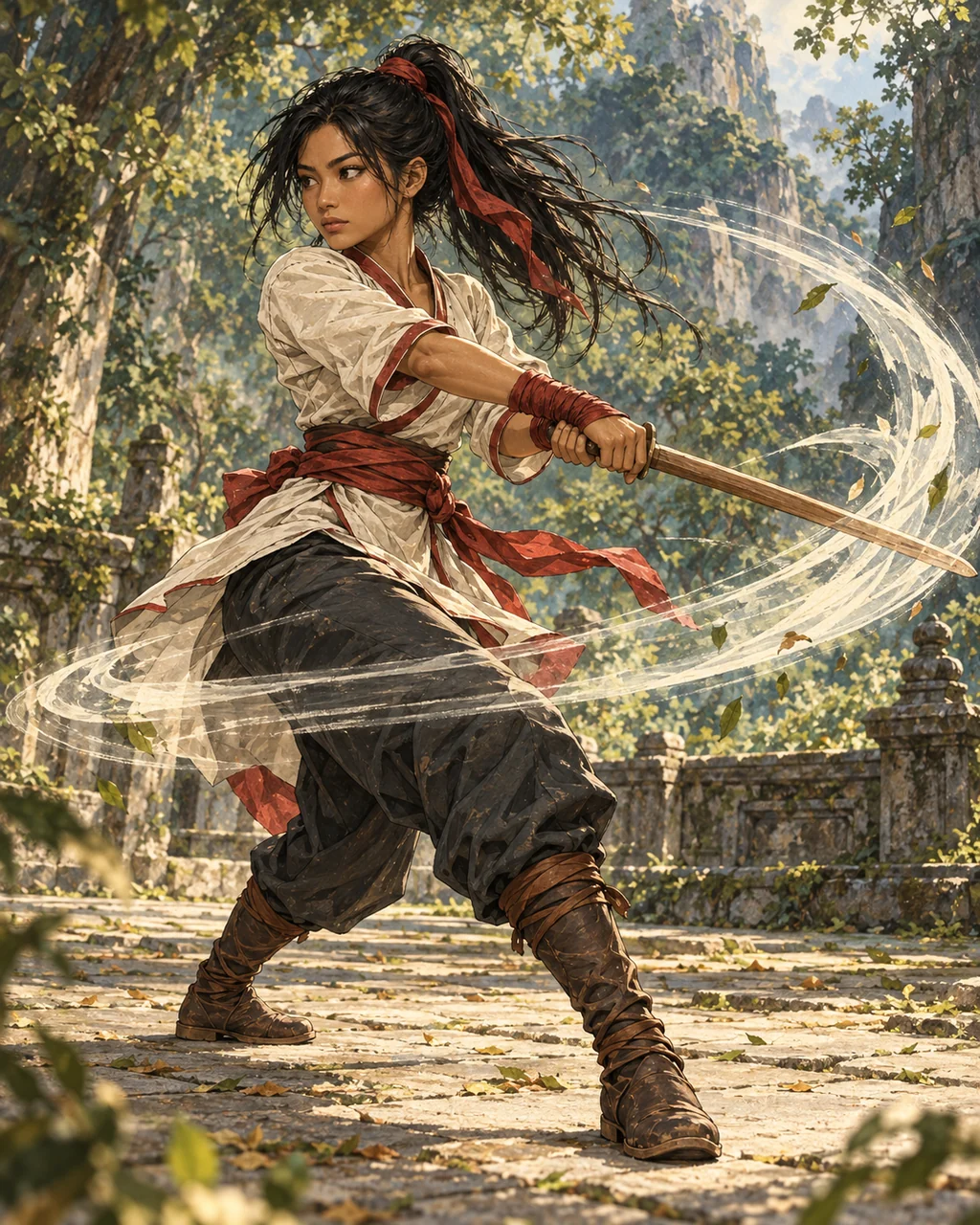 Mali practising Returning Swallow with a WOODEN sword, controlled turning stance on empty stone floor, a pale translucent branching arc anticipates the sword path just ahead of its movement.