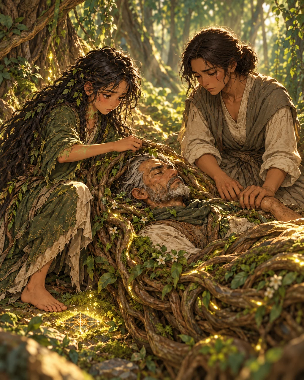 Virelia kneels beside a sick adult man in a living root cradle, loosening the roots near his face; his sister holds his hand.