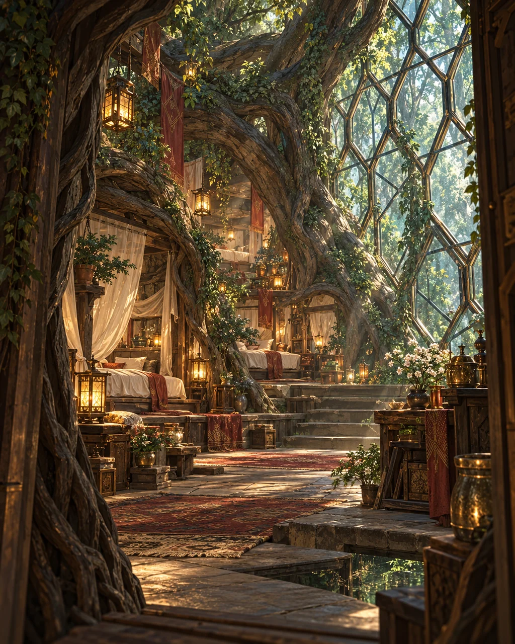 A wide-deep root sanctuary seen through a doorway, linen beds nested in living wood, cold glass lattice replacing a severed root trunk, warm lamps, no close characters.