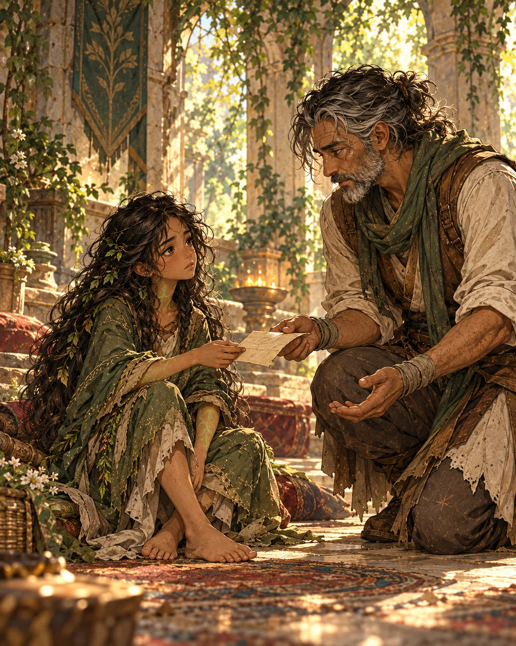 Virelia sits on the sanctuary floor taking a handwritten note from an adult attendant who kneels to her level; open hand gestures, roots loosely resting, she listens with exhausted resolve.