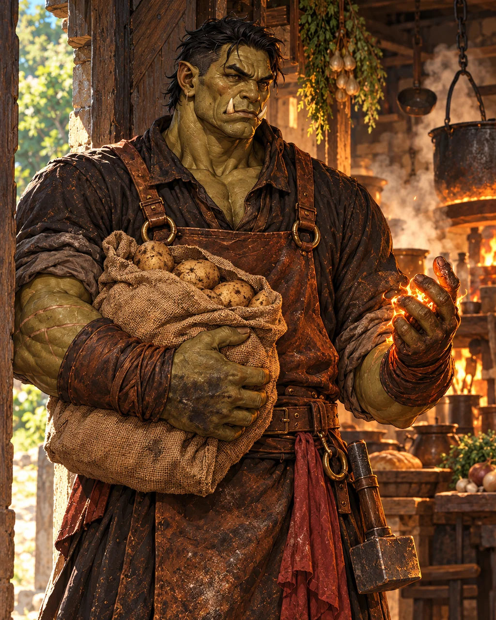 Ember half-length character portrait at kitchen threshold with a humble sack of potatoes against his broad chest and hammer on apron belt, low amber fire between fingers, cook’s steam behind, thoughtful eyes and tusks.