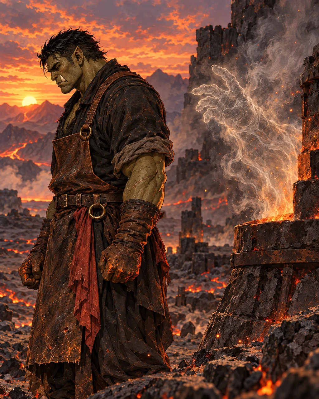 Ember in profile alone on volcanic ash plain at sunset, stopped beside an old forge vent emitting a faint spectral silhouette of an older Orc hand, he turns away.