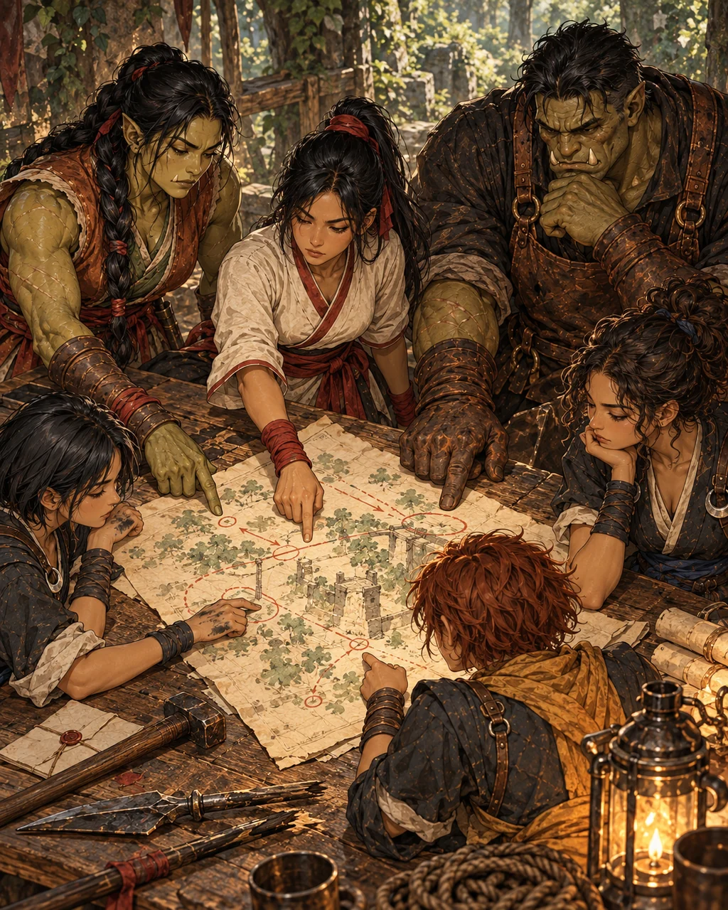 Overhead three-quarter view of a rescue planning table: Mali’s red-bound hand, Hesh’s olive hand, Rin’s ink-stained thumb and Ember’s broad soot-marked hand point at different parts of a lighting plan; letter, hammer and broken spear nearby.