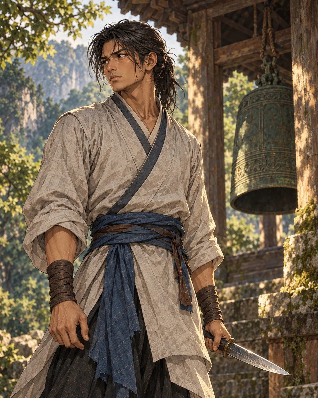 Vale close-up portrait in pale grey robe and blue belt, short steel blade held lowered, face caught between gratitude, fear and certainty, Bell House clapperless bell softly behind.