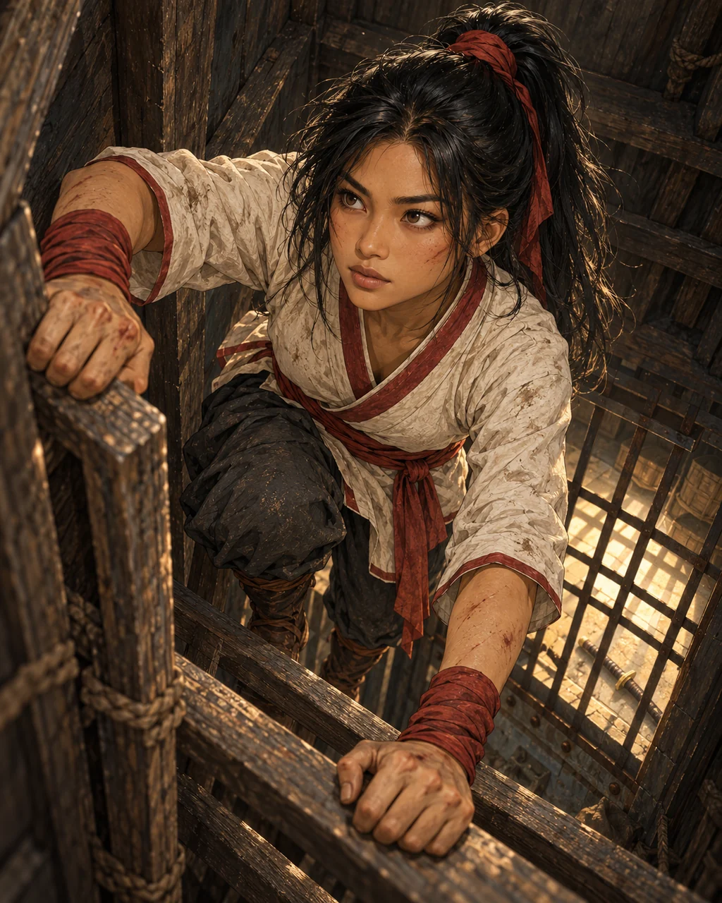 Unarmed Mali climbs upward into a dark narrow wooden maintenance shaft, focus on empty red waist sash and scraped hands on rungs, her sword visible abandoned on the OTHER side of an iron shutter below.